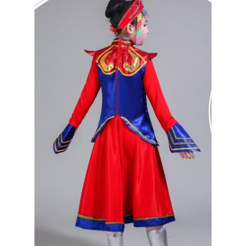 Mongolian dance costumes for kids girls red blue grassland dance photos cosplay ethnic traditional Mongolian dance robes 